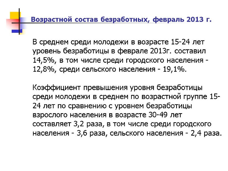 Возрастной состав безработных, февраль 2013 г.   В среднем среди молодежи в возрасте